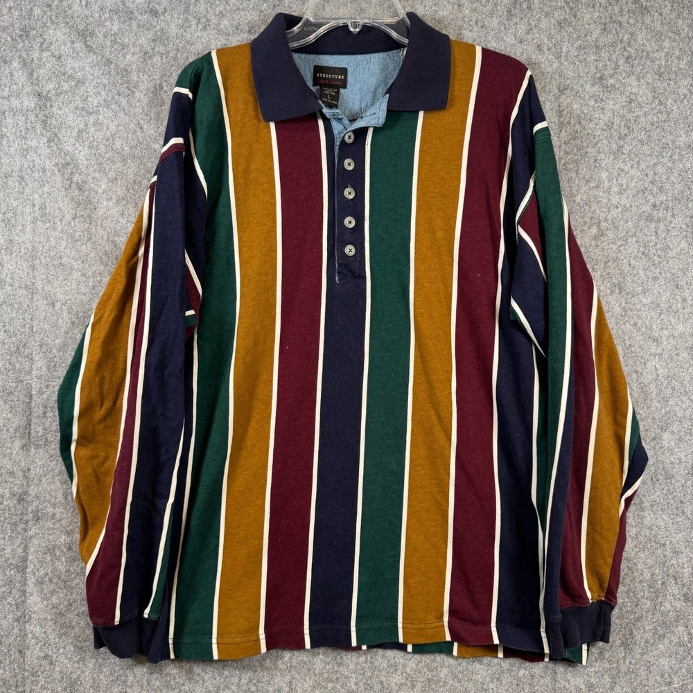 Vintage Structure Shirt Mens Large Striped Long Sleeve Rugby Polo 100% Cotton
